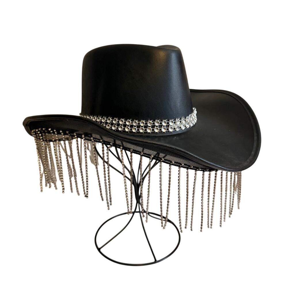 KBW Rhinestone Fringe Cowboy Hat Black Glam Country Festival Concert Western NWT